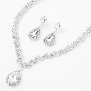 Claire's Silver Crystal Teardrop V-Neck Necklace and Earring Set